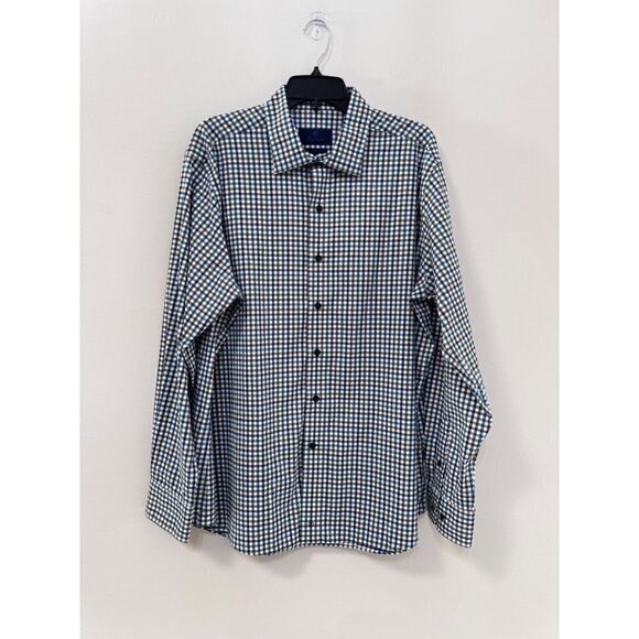David Donahue Men's 17.5 XL Blue Check Fusion Performance Dress Shirt Button Up - Picture 1 of 4